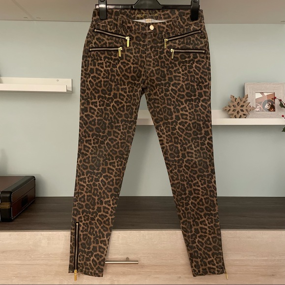 Michael Kors Brown Leopard Print Skinny Ankle Gold Zippered Pants - Picture 1 of 14